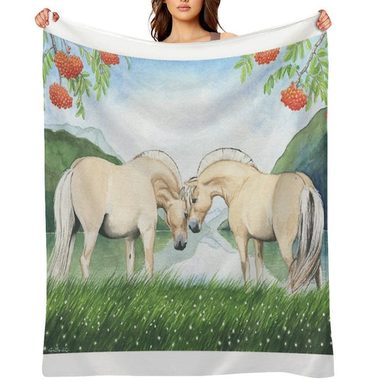 Norwegian Horses in A Fjord Landscape Plush Throw Blanket
