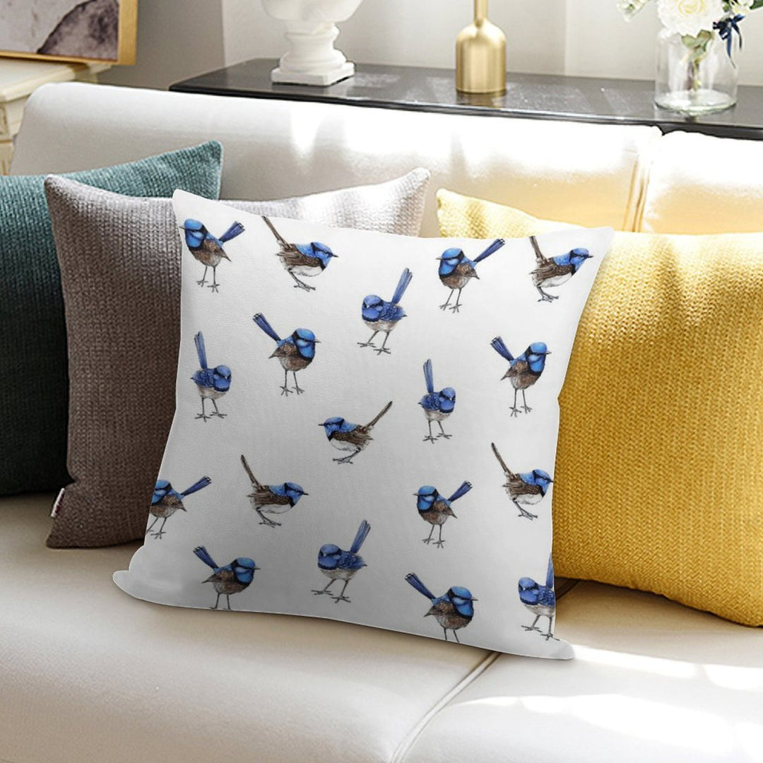 Blue Wrens, Scattered on White Soft Bedroom Essential Throw Pillow
