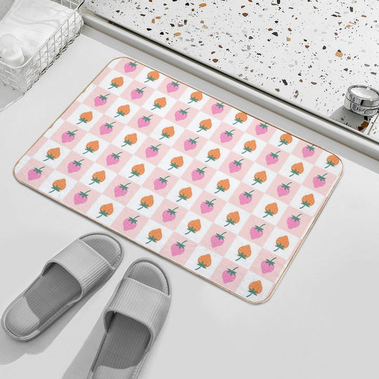 Checkered Pattern with Strawberries  Non-Slip Bath Mat