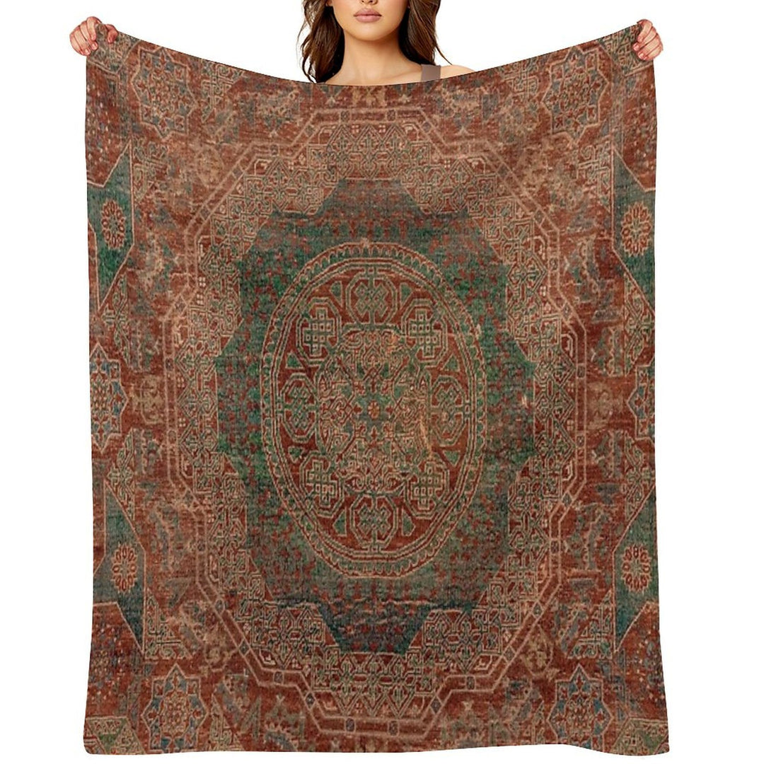 Bohemian Medallion I  15th Century Old Distressed Red Green Colorful Ornate Accent Rug Pattern Versatility Throw Blanket
