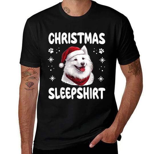 Samoyed Dog Dog Nightgown Pajama Christmas Sleepshirt Men Women Kids  Ribbed Collar T-Shirt