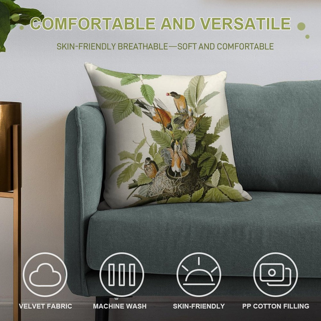 American Robin - John James Audubon Birds of America Soft Short Plush Fabric Throw Pillow