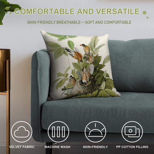 American Robin - John James Audubon Birds of America Soft Short Plush Fabric Throw Pillow