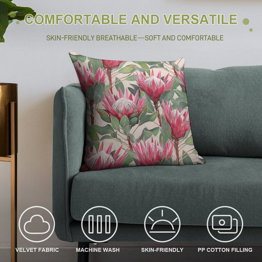 Painted King Proteas on Cream Soft Shrink-Resistant Throw Pillow
