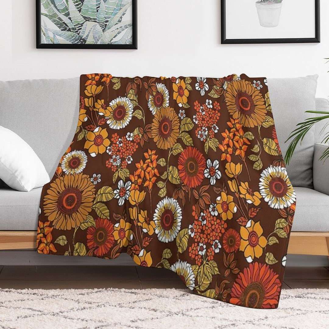 70s Vintage Boho Flowers, Orange, Browns, Hippie, Flower Power Velvety-soft Throw Blanket