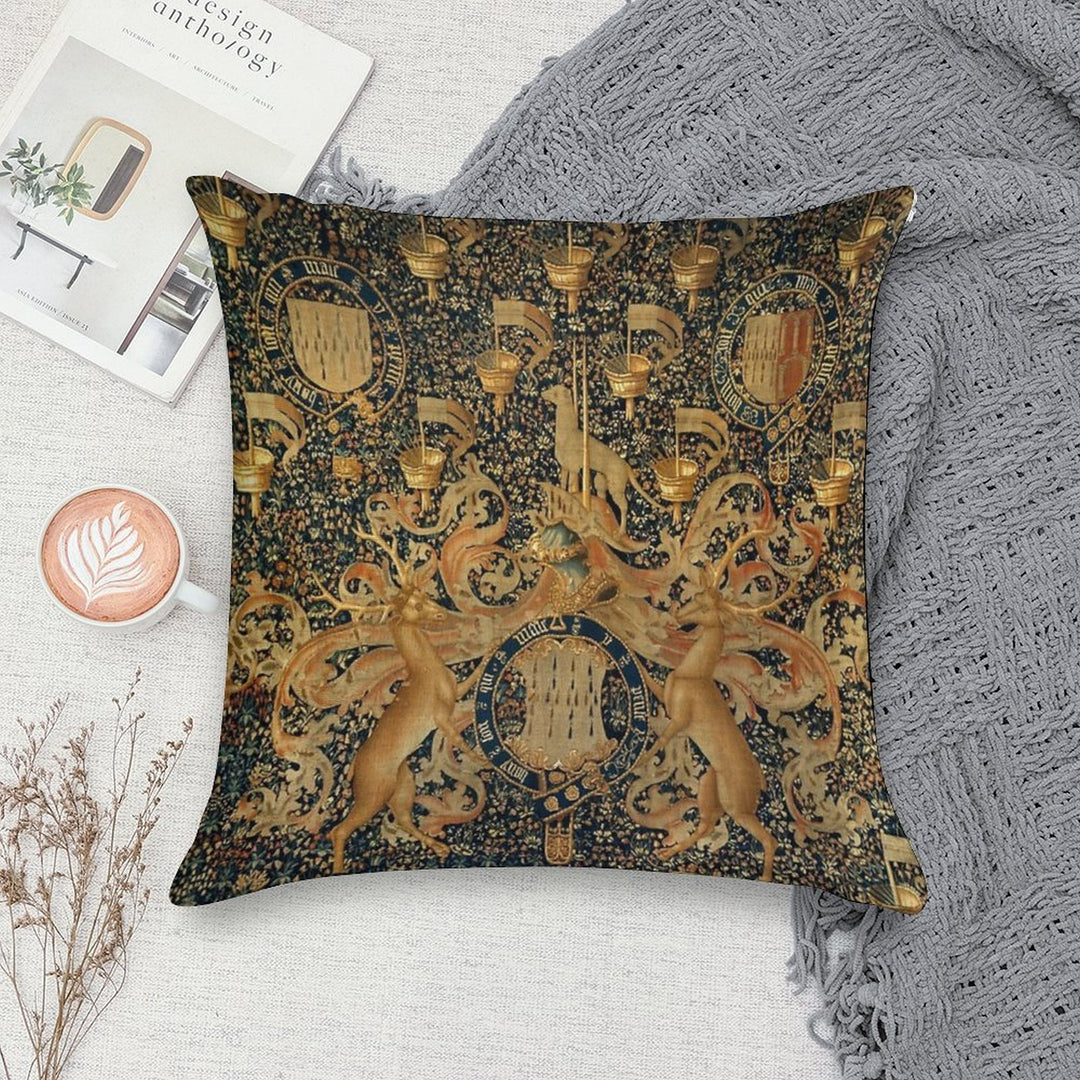 Gold Navy Blue Antique Heraldic Tapestry with Harts,Armorial Bearings Badges of John Soft Home Decor Throw Pillow