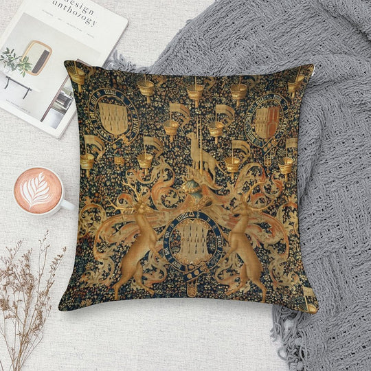 Gold Navy Blue Antique Heraldic Tapestry with Harts,Armorial Bearings Badges of John Soft Home Decor Throw Pillow