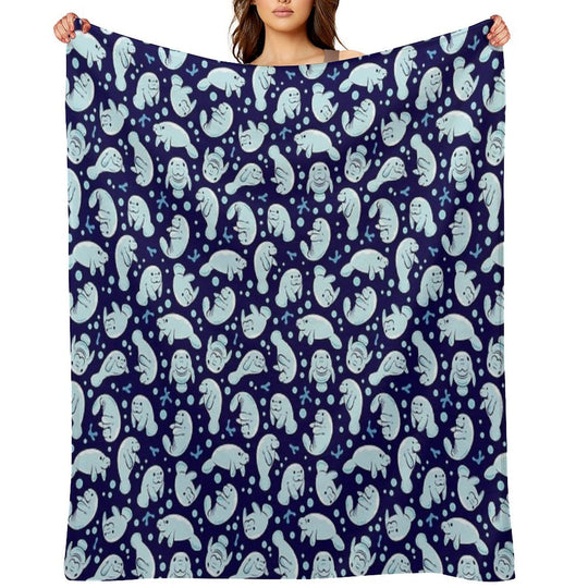 Cute Manatee Pattern - Blue Underwater Pattern Travel-friendly Throw Blanket