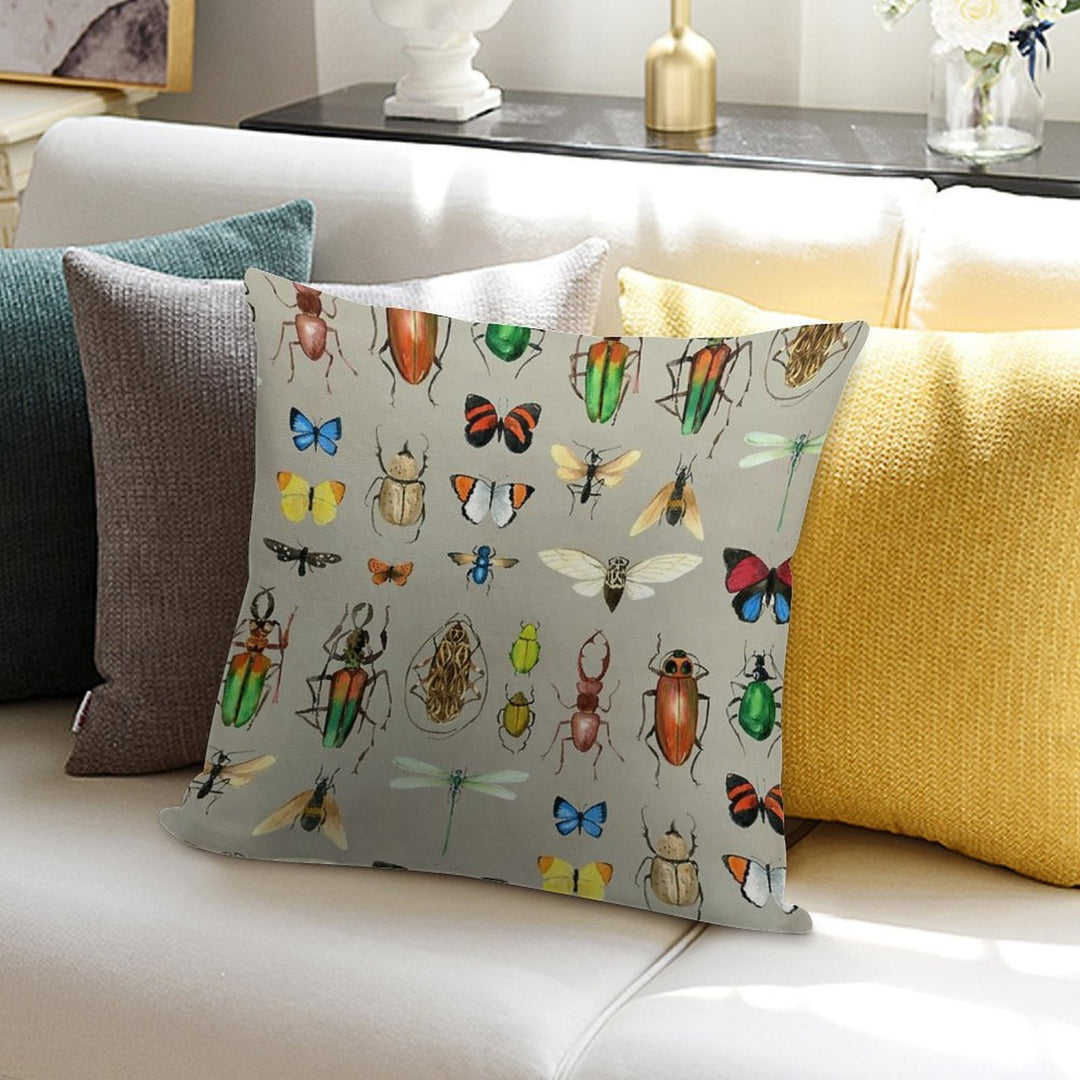 The Usual Suspects - Insects on Grey - Watercolour Bugs Pattern by Cecca Designs Soft Reinforced Edging Throw Pillow