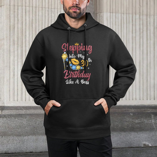 Womens Stepping Into My 30th Birthday Like A Boss Happy To Me Relaxed Fit Hoodie