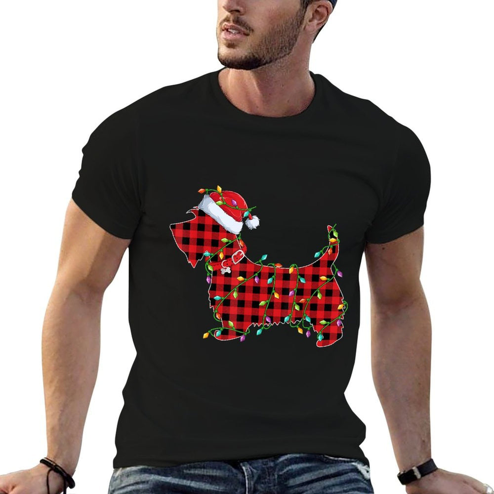 Xmas Lighting Matching Buffalo Plaid Scottie Dog Christmas  Easy-care T-Shirt