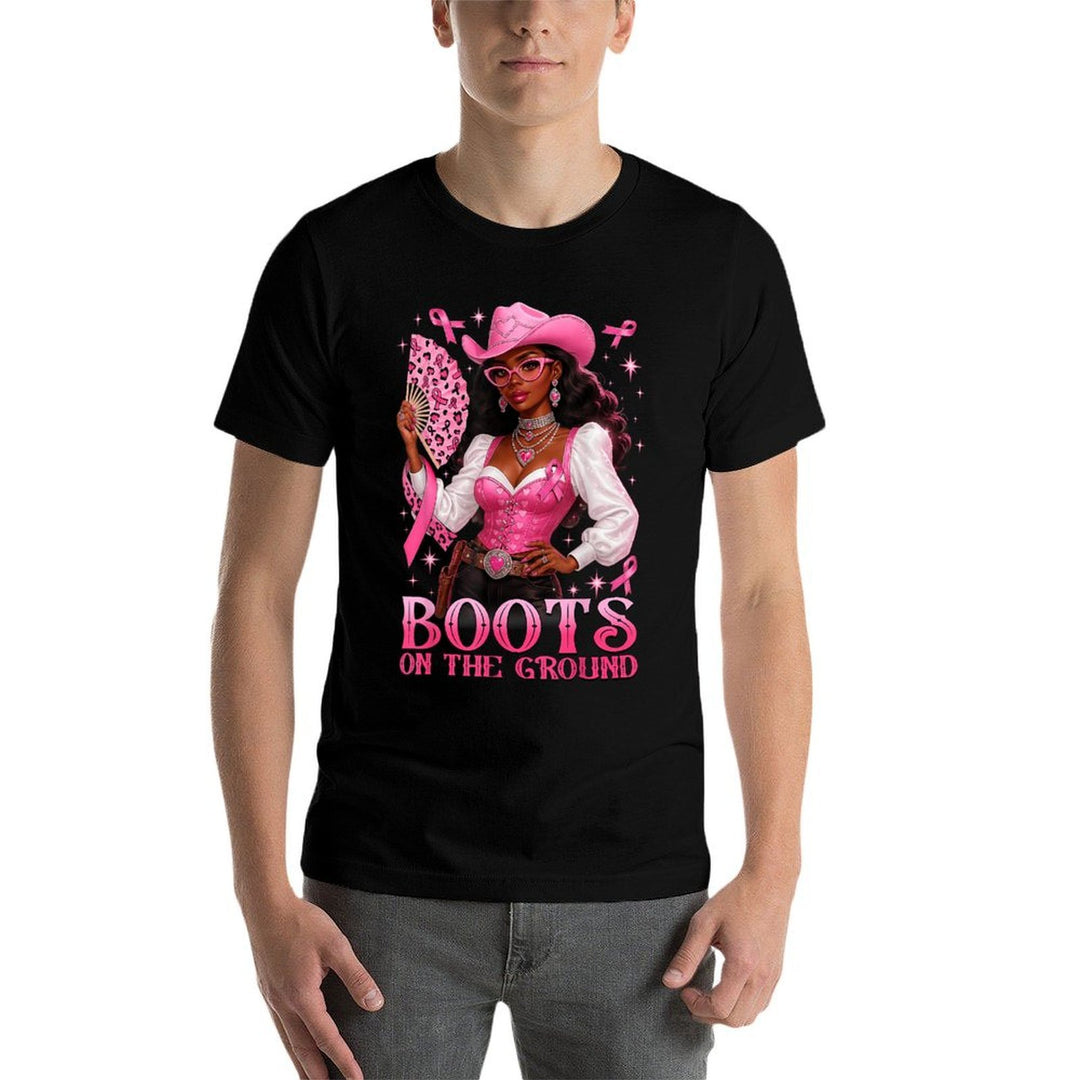 Boots On The Ground Pink Cowgirl Breast Cancer Western  Durable T-Shirt
