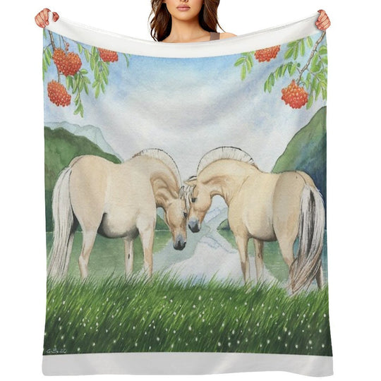 Norwegian Horses in A Fjord Landscape Plush Throw Blanket
