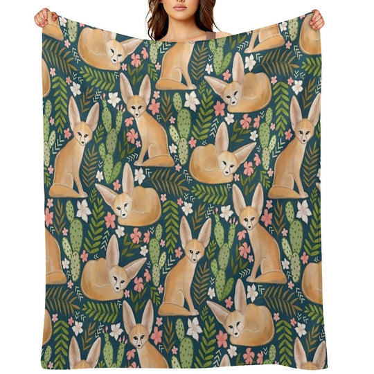 Fantastic Fennec Foxes on Navy Wrinkle-free Throw Blanket