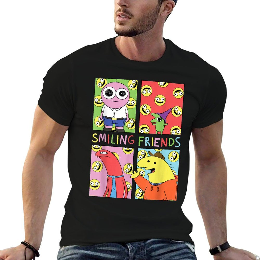 Smiling Friends Pop Art Character Grid Funny Cartoon  Relaxed-fit T-Shirt