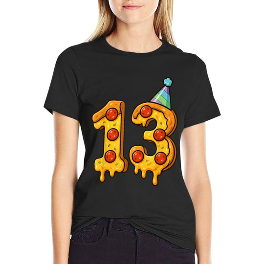 Pizza 13th Birthday 13 Years Old Party Hat Bday Boy Girl Kid  High-quality Stitching T-Shirt