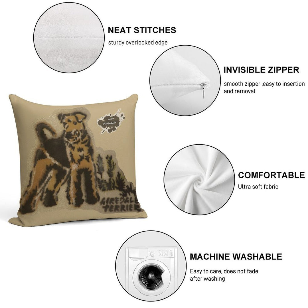 An Airedale Terrier Stands in The Meadow Soft Fade-Resistant Throw Pillow