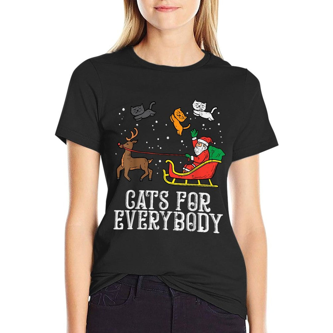 Cats For Everybody Santa Funny Christmas Xmas Women Girls  Ribbed Collar T-Shirt