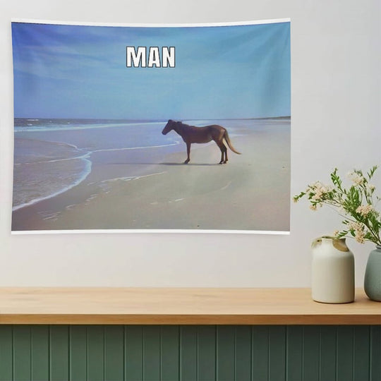 Man ♞ HD  Horse on Beach Meme Tapestry