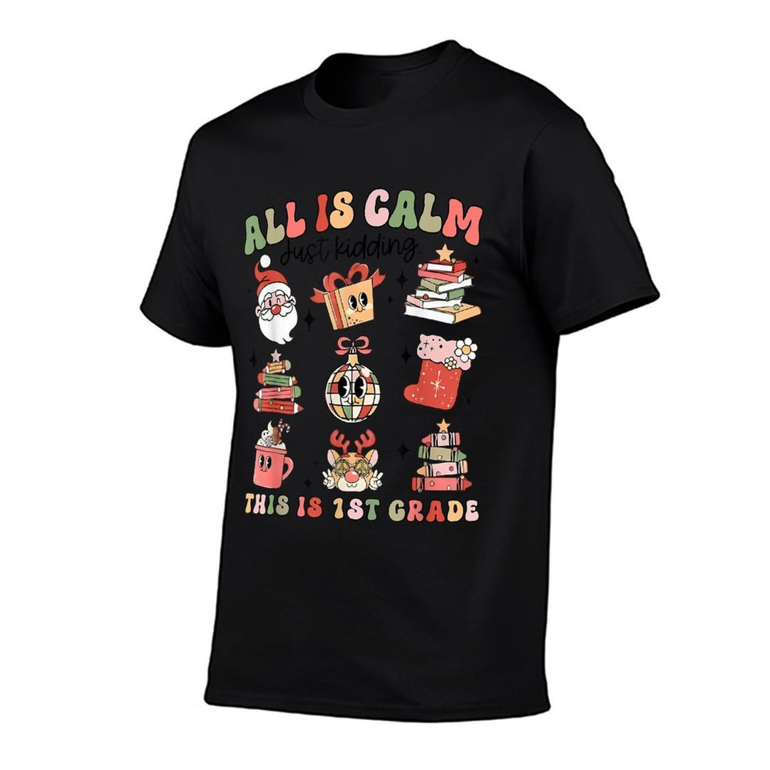 Retro First Grade Teacher Christmas All Is Calm Disco Ball  Rolled Sleeves T-Shirt