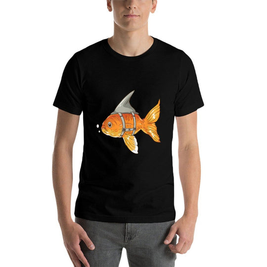 Funny Goldfish with Shark Fin Strapped - Aquarium Koi Carb  Rolled Sleeves T-Shirt
