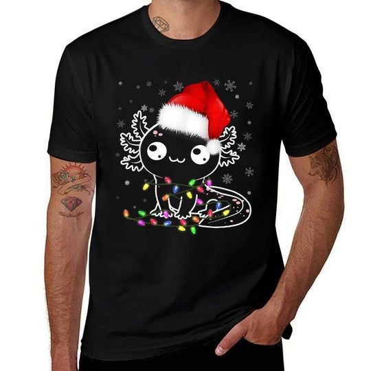 Axolotl Xmas Hat Santa Tree Cute Funny Christmas Pajama  Cotton T-Shirt