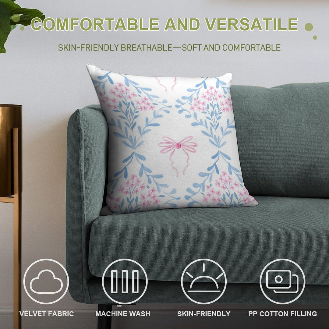 Pink And Blue Coquette Aesthetic &Cute Pretty Preppy Watercolor Pink Bows Soft Skin-Friendly Throw Pillow