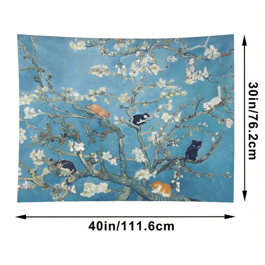 Van Gogh Cute Cats in Almond Blossom Tapestry