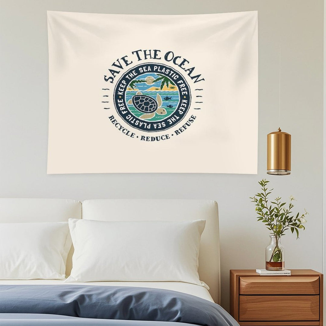 Save The Ocean Keep The Sea Plastic Free Turtle Scene Tapestry