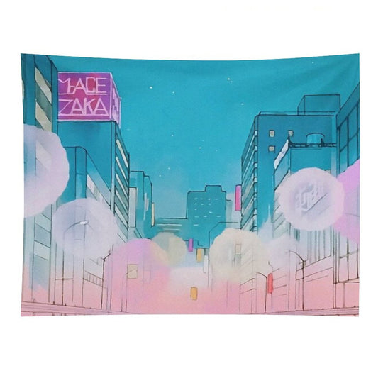 Vintage Anime City Background Tapestry