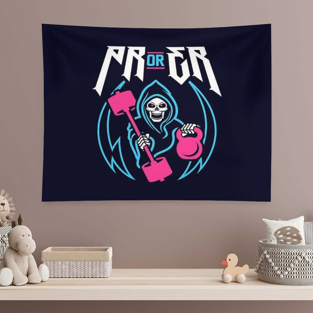 PR Or ER (Gym Reaper Kettlebell & Barbell) Funny Gym Ego Lifting Tapestry
