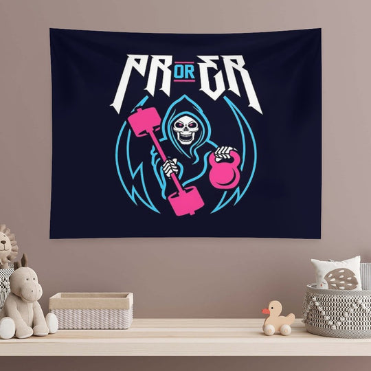 PR Or ER (Gym Reaper Kettlebell & Barbell) Funny Gym Ego Lifting Tapestry