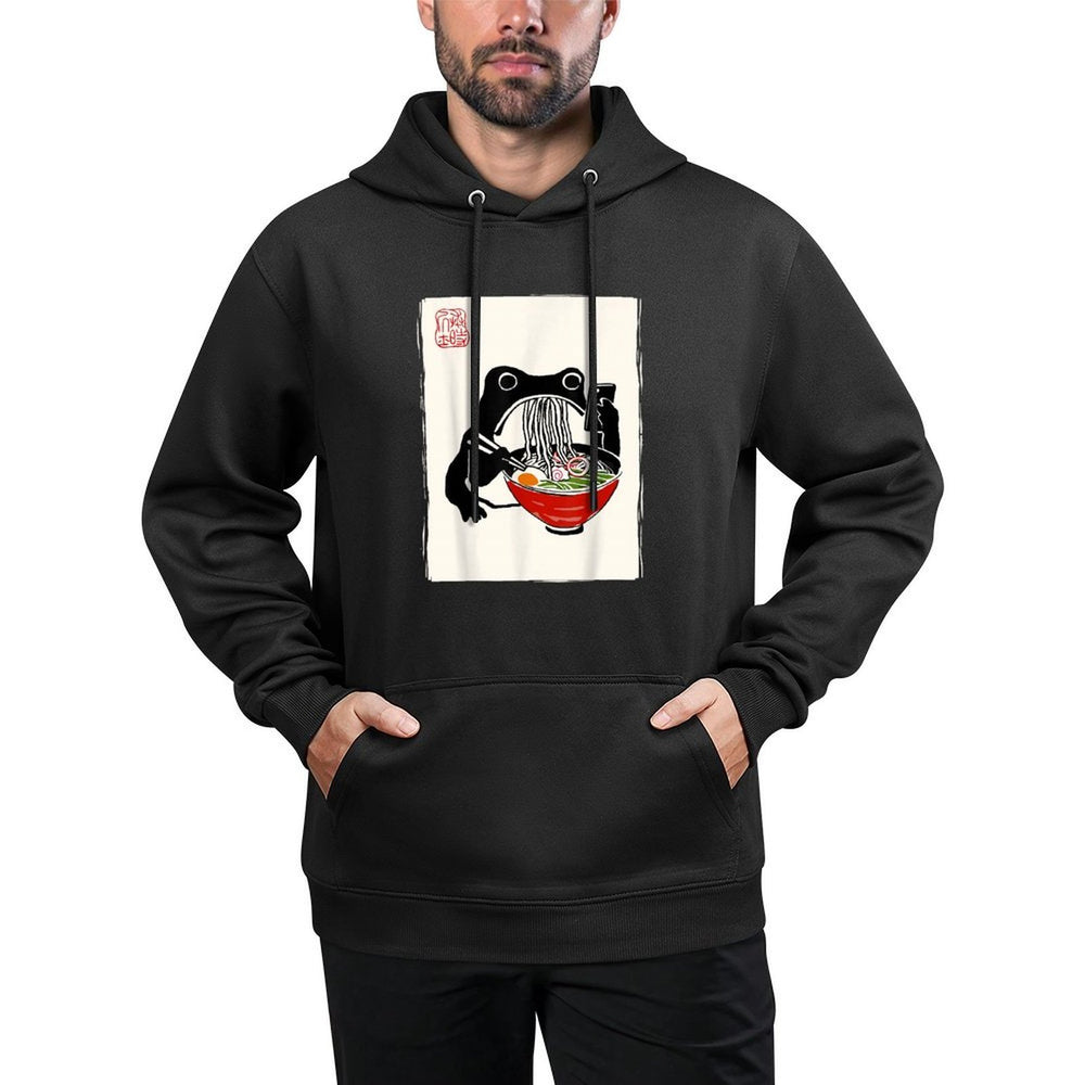 Funny Grumpy Frog Ramen Sumi-e Kawaii Ink Painting Japanese Kangaroo Pocket Hoodie