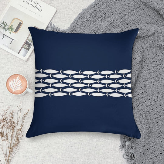 Fish Stripe 6 - Minimalist Midcentury Modern Fish in White And Nautical Navy Blue Soft Anti-Pilling Throw Pillow