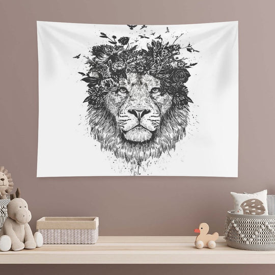 Floral Lion (bw) Tapestry