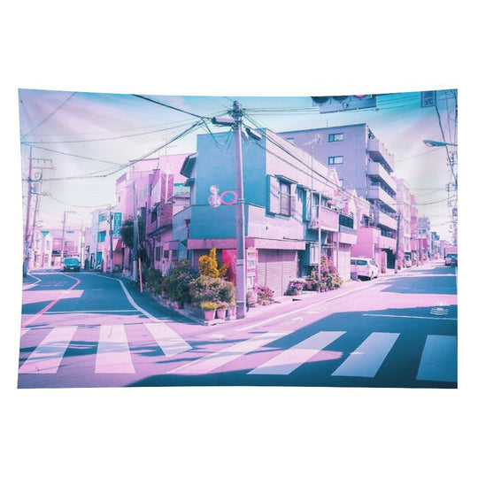 Anime in Real Life Vaporwave Summer Day in Tokyo Residential Area Tapestry