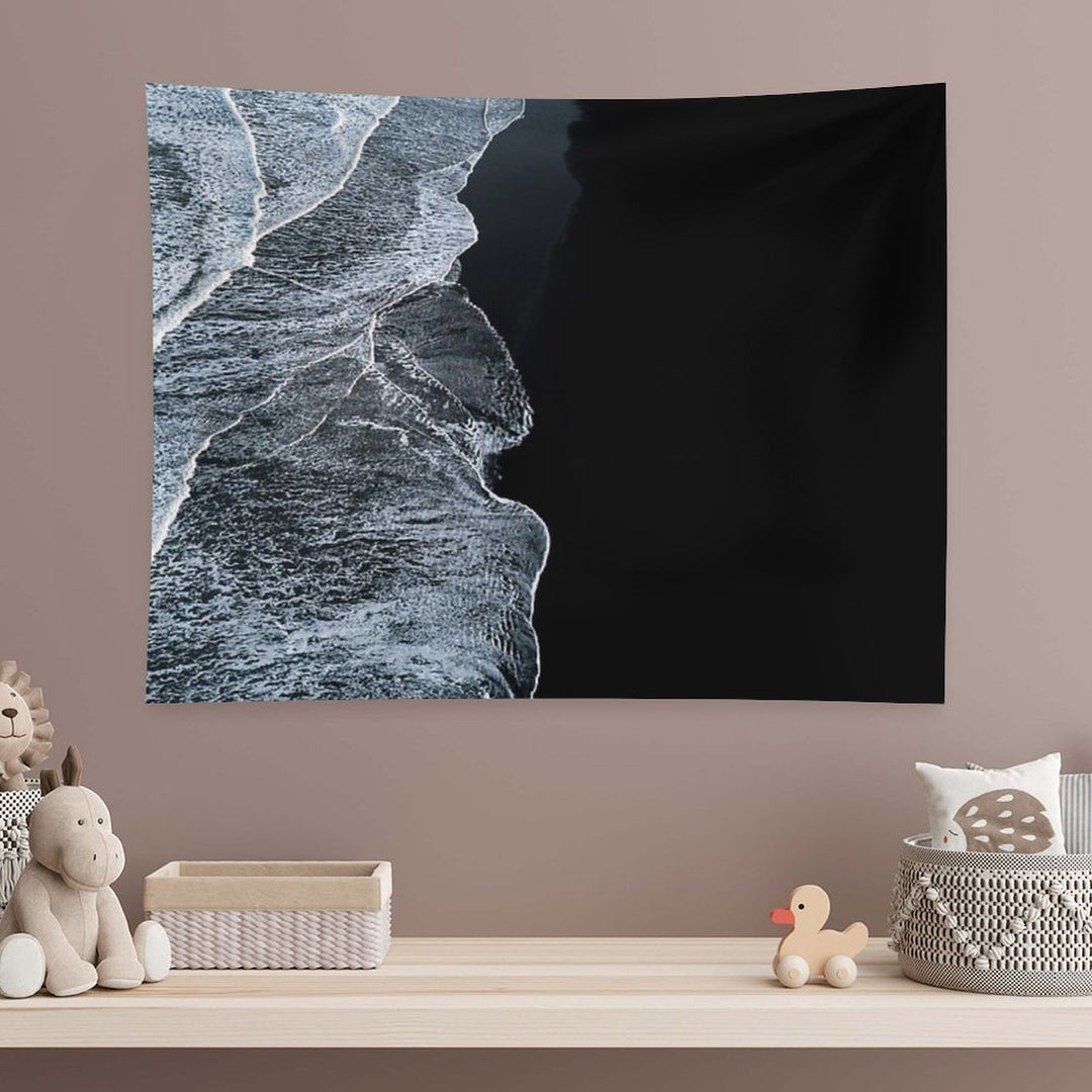 Minimalist Waves And Black Sand Beach in Iceland - Landscape Photography Tapestry