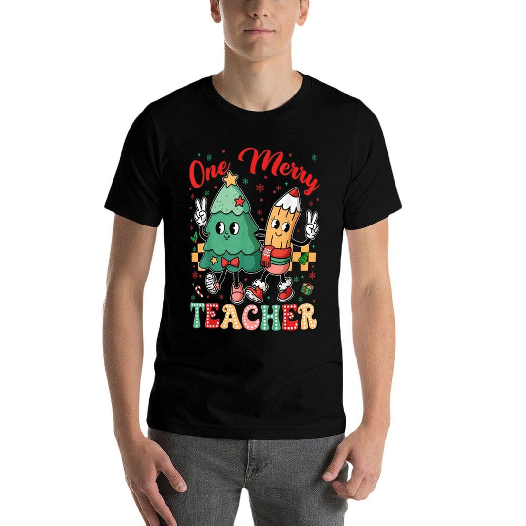 One Merry Teacher Groovy Christmas Tree Pjs Xmas Teacher  Odor-resistant T-Shirt