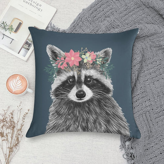 Raccoon Floral Crown Flowers Funny Cute Animal Raccoon Gift Soft Ultra-Soft Texture Throw Pillow