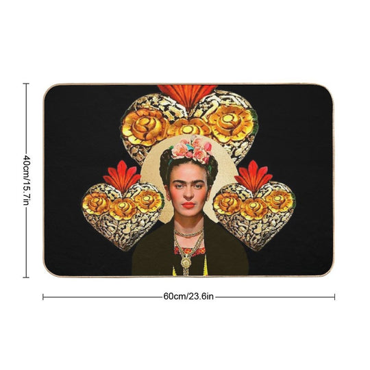 Frida Kahlo Portrait Color, Flowers And Sacred Heart, Black Background  Easy To Clean Bath Mat