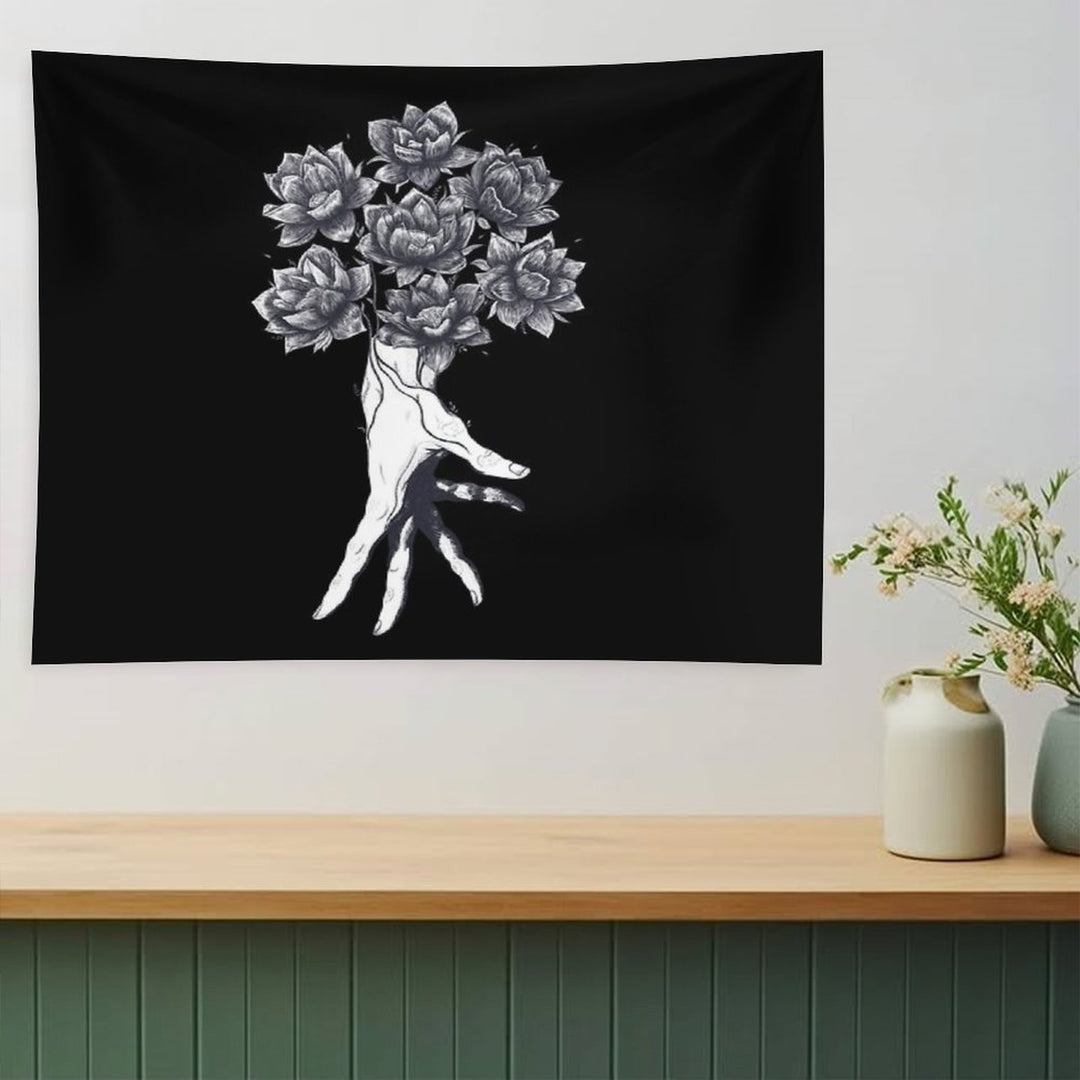 Hand with Lotuses on Black Tapestry