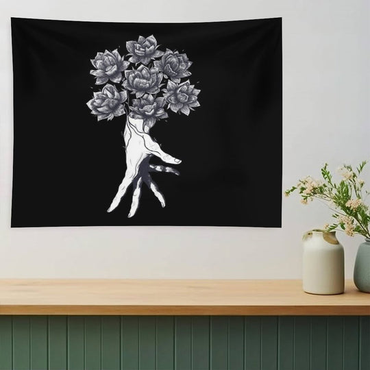Hand with Lotuses on Black Tapestry