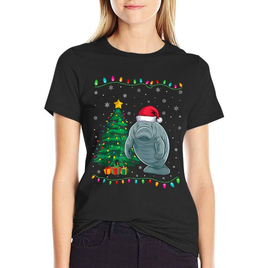 Manatee Santa Hat Men Women Kids Christmas Tree Lights  Soft T-Shirt