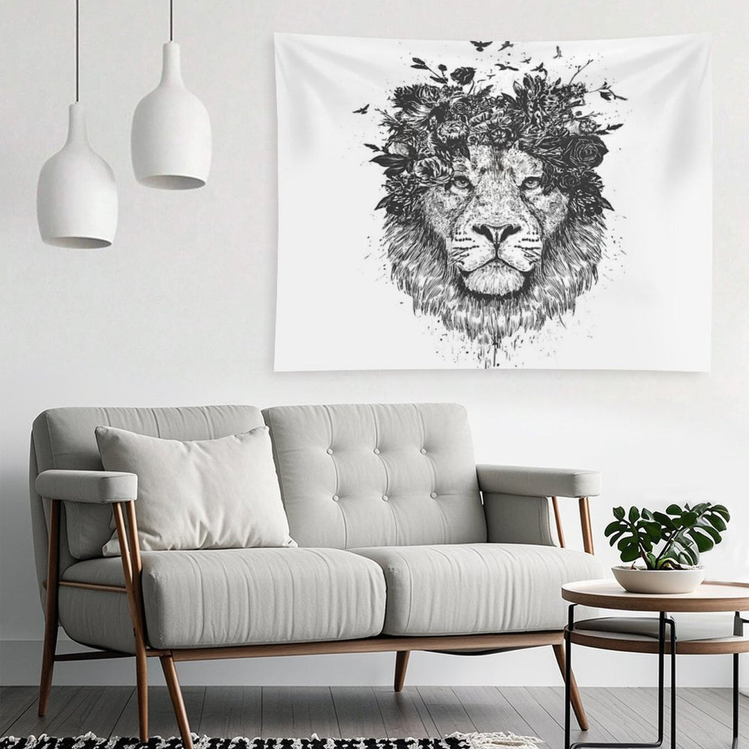 Floral Lion (bw) Tapestry