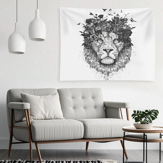 Floral Lion (bw) Tapestry