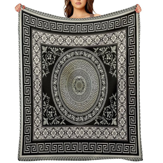 Greek Key Meander Black Cream Ornate Medallion Machine-washable Throw Blanket