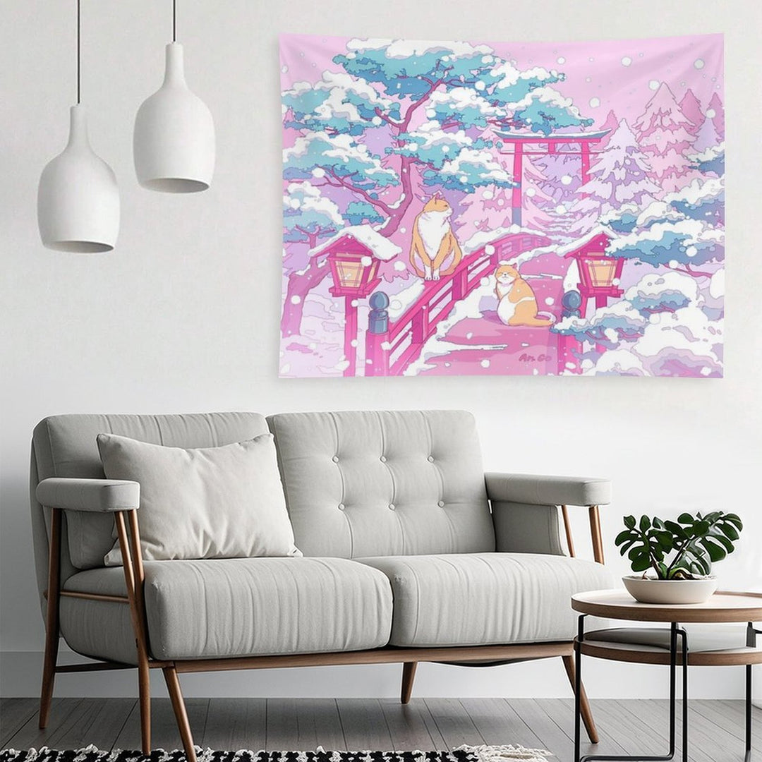 The Japanese Winter Shrine And Cute Cats Tapestry