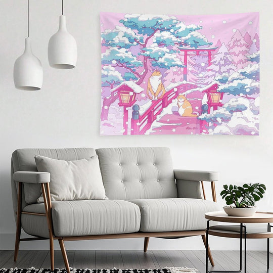 The Japanese Winter Shrine And Cute Cats Tapestry