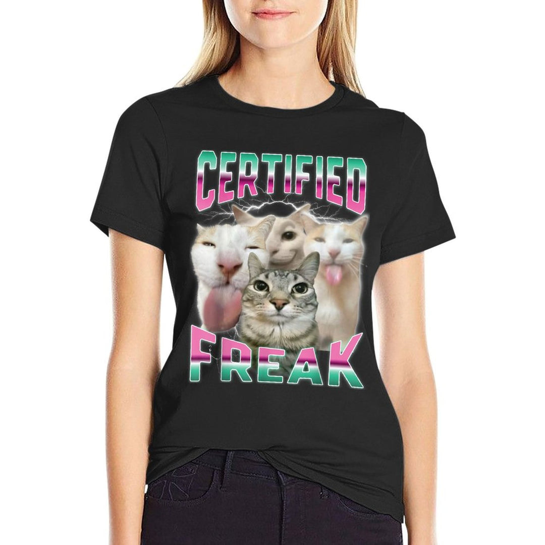 Certified Freak Funny Cat Meme Cursed Silly Staring Cat Men Women Kids  Relaxed-fit T-Shirt
