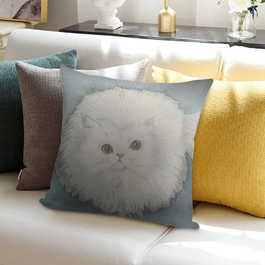 Golden-Eyed Fluffy White Cat – Watercolour Soft Short Plush Fabric Throw Pillow